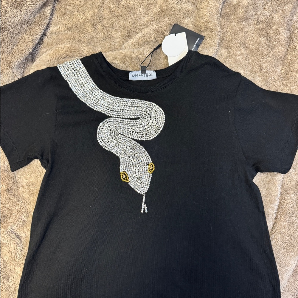 Black T-Shirt with Beaded Snake Design